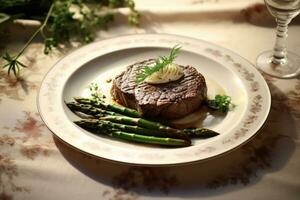 Rindfleisch Steak mit ein klassisch Garnierung von Spargel und Pilze auf ein Antiquität Porzellan Platte. generativ ai foto