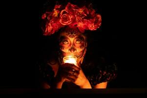 Calavera catrina Sitzung auf ein Thron. Zucker Schädel bilden. dia de los Muertos. Tag von das tot. Halloween. foto