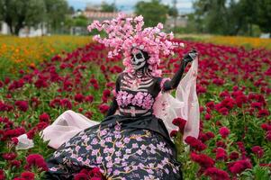 herrlich Eleganz im das Herz von cholula Cempasuchil Felder ein faszinierend Tag von das tot Foto-Shooting, mit ein atemberaubend Frau umgewandelt in ein Katrina, bezahlen zu das Tradition von sterben de Muertos foto