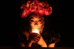 Calavera catrina Sitzung auf ein Thron. Zucker Schädel bilden. dia de los Muertos. Tag von das tot. Halloween. foto