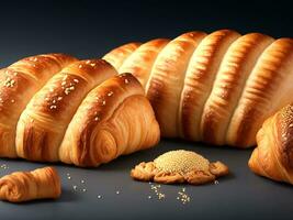 frisch Croissant auf ein hölzern Tisch. generativ ai foto