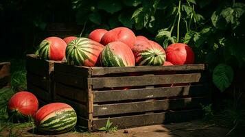 frisch gepflückt Wassermelone Obst von Garten platziert im das Boxen. generativ ai foto