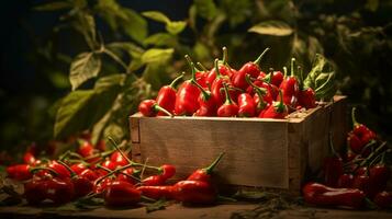 frisch gepflückt Chili Pfeffer Obst von Garten platziert im das Boxen. generativ ai foto