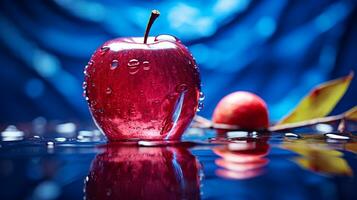 Foto von Wasser Apfel Obst Hälfte gegen ein bunt abstrakt Hintergrund. generativ ai