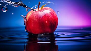 Foto von Wasser Apfel Obst Hälfte gegen ein bunt abstrakt Hintergrund. generativ ai