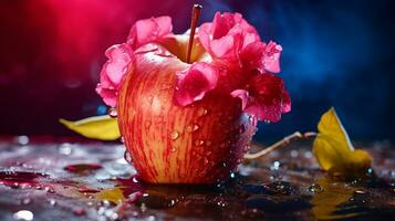 Foto von Rose Wasser Apfel Obst Hälfte gegen ein bunt abstrakt Hintergrund. generativ ai