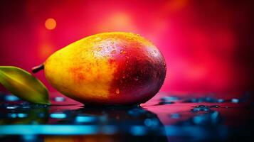 Foto von Saipan Mango Obst Hälfte gegen ein bunt abstrakt Hintergrund. generativ ai