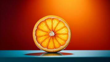 Foto von Orange Obst Hälfte gegen ein bunt abstrakt Hintergrund. generativ ai