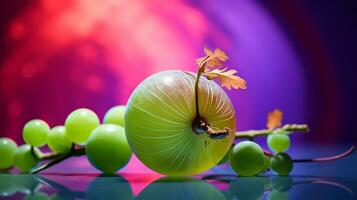 Foto von otaheite Stachelbeere Obst Hälfte gegen ein bunt abstrakt Hintergrund. generativ ai