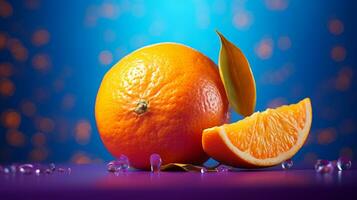 Foto von Mandarin Obst Hälfte gegen ein bunt abstrakt Hintergrund. generativ ai