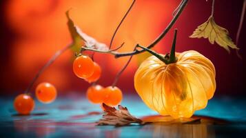 Foto von Groundcherry Obst Hälfte gegen ein bunt abstrakt Hintergrund. generativ ai