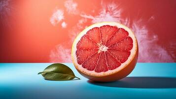 Foto von Grapefruit Hälfte gegen ein bunt abstrakt Hintergrund. generativ ai
