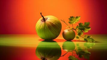 Foto von Stachelbeere Obst Hälfte gegen ein bunt abstrakt Hintergrund. generativ ai