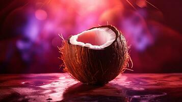 Foto von Kokosnuss Obst Hälfte gegen ein bunt abstrakt Hintergrund. generativ ai