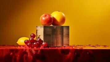 Foto von caja Obst Hälfte gegen ein bunt abstrakt Hintergrund. generativ ai
