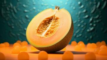 Foto von Cantaloup-Melone Obst Hälfte gegen ein bunt abstrakt Hintergrund. generativ ai