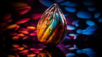 Foto von Kakao Obst Hälfte gegen ein bunt abstrakt Hintergrund. generativ ai