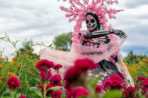 herrlich Eleganz im das Herz von cholula Cempasuchil Felder ein faszinierend Tag von das tot Foto-Shooting, mit ein atemberaubend Frau umgewandelt in ein Katrina, bezahlen zu das Tradition von sterben de Muertos foto