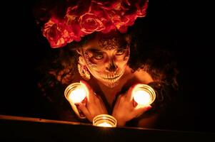 Calavera catrina Sitzung auf ein Thron. Zucker Schädel bilden. dia de los Muertos. Tag von das tot. Halloween. foto