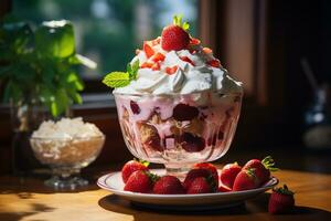 gefrostet Glas von Erdbeere Eis Sahne Eisbecher geschichtet mit ausgepeitscht Sahne mit frisch Erdbeeren und ein Kirsche auf Spitze, Mittelwinkel Schuss, erstellt mit ai generiert foto