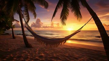 ein Hängematte zwischen Palme Bäume auf ein Strand foto