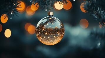 schließen oben von beleuchtet Weihnachten Baum Ornament, Winter Ferien Dekoration, Kopieren Raum, Gruß Karte, ai generativ foto