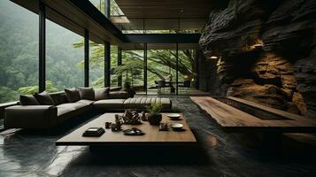 Innere Design, Leben Zimmer mit heiter Natur Sicht, schön Villa Design im das Wald, ai generativ foto