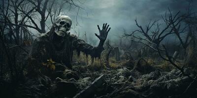 Geist Landschaft Halloween Hintergrund, Zombie Apokalypse, unheimlich verfolgt Friedhof, ai generativ foto