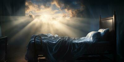 Sonnenlicht leuchtenden durch auf zu ein Bett, religiös Landschaft, ai generativ foto
