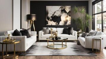 luxuriös möbliert Leben Zimmer, geräumig gemütlich Sofa, schwarz und Weiß einfarbig Palette, elegant Innere Design, ai generativ foto