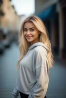 schön blond jung Frau tragen Sweatshirt Kapuzenpullover bleibe und posieren auf Stadt Straße. Fokus mit Bokeh. generativ ai foto