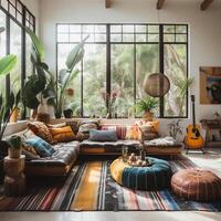 möbliert modern Leben Zimmer, Bohemien inspiriert Innere Design, ai generativ foto