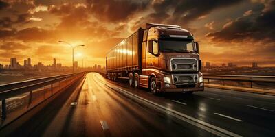 Lastwagen Fahren auf Autobahn, ländlich Landschaft, dramatisch Sonnenuntergang, Transport auf Straße, ai generativ foto