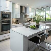 glatt möbliert Küche, stilvoll schön Kochen Bereich, Innere Design, ai generativ foto