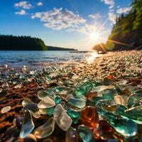 schön Glas Strand, bunt Kiesel, Fantasie Meereslandschaft, verträumt Atmosphäre, ai generativ foto