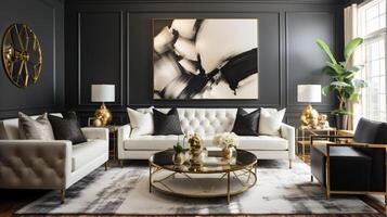 luxuriös möbliert Leben Zimmer, geräumig gemütlich Sofa, schwarz und Weiß einfarbig Palette, elegant Innere Design, ai generativ foto