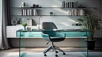 zeitgenössisch möbliert Zuhause Büro, komfortabel Büro, Arbeitsplatz mit Schreibtisch und Stuhl, stilvoll Innere Design, ai generativ foto