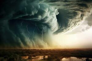 Antenne Aussicht von stürmisch Himmel mit Blitz. Natur Komposition, Panorama von das Berge, ai generiert foto