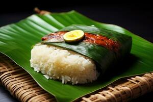 Reis mit gegrillt Lachs auf ein Banane Blatt auf ein schwarz Hintergrund, nasi Lemak eingewickelt im Banan Blatt. malaysisch Essen und Malaysia Flagge, ai generiert foto