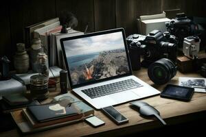 Laptop auf hölzern Tabelle mit Kamera und andere Objekte im das Hintergrund, des Fotografen Arbeitsplatz mit Laptop, Tablette, Smartphone und andere Ausrüstung, ai generiert foto