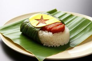 ausgestopft Reis mit ein Star auf ein Banane Blatt - - japanisch Essen, nasi Lemak eingewickelt im Banan Blatt. malaysisch Essen und Malaysia Flagge, ai generiert foto