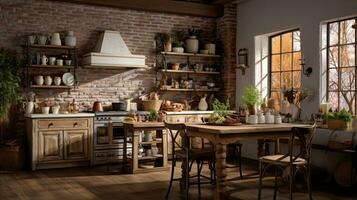 rustikal Bauernhaus Küche, stilvoll geräumig Kochen Bereich, Innere Design, ai generativ foto