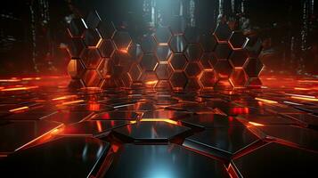 dunkel abstrakt Hintergrund von sechseckig Zellen und Quadrate mit ein futuristisch Hi-Tech Energie glühen foto
