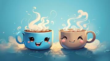 Illustration von süß Kunst, Kaffee, Kaffee Tasse, Dampf, Karikatur, bezaubernd Gesichter foto