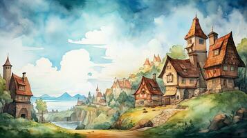 Aquarell Illustration von warm und aufgeräumt wenig Dorf, Landschaft Hintergrund foto