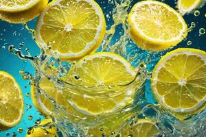 Zitronen und es ist Scheiben fallen in Wasser und spritzen. generativ ai foto