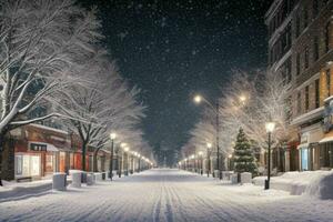 Nacht schneebedeckt Weihnachten Stadt Straße. Hintergrund. ai generativ Profi Foto