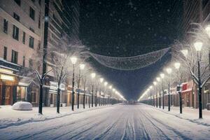 Nacht schneebedeckt Weihnachten Stadt Straße. Hintergrund. ai generativ Profi Foto
