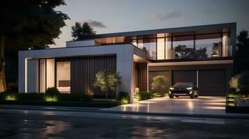 Luxus komfortabel minimalistisch Haus mit Limousine Auto geparkt im das Hof von das Haus ai generiert foto