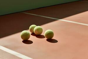 Tennis Bälle auf das Tennis Gericht mit Schatten auf das Fußboden ai generiert foto